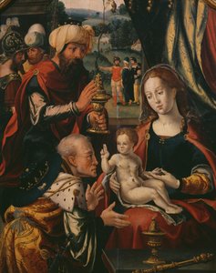 Aanbidding der Wijzen, Epiphany Drieluik, (detail) door Pieter Coecke van Aelst